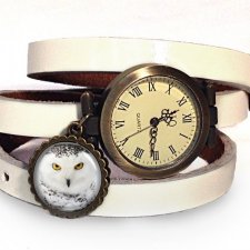 Sowa śnieżna - zegarek / bransoletka na skórzanym pasku - Egginegg