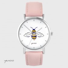 Zegarek - Pszczoła - pudrowy róż, skórzany