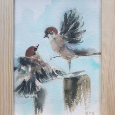 Akwarela ręcznie malowana Wróble ptaki +rama