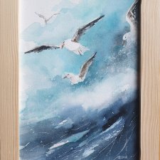 Obraz ręcznie malowany mewy morze +rama